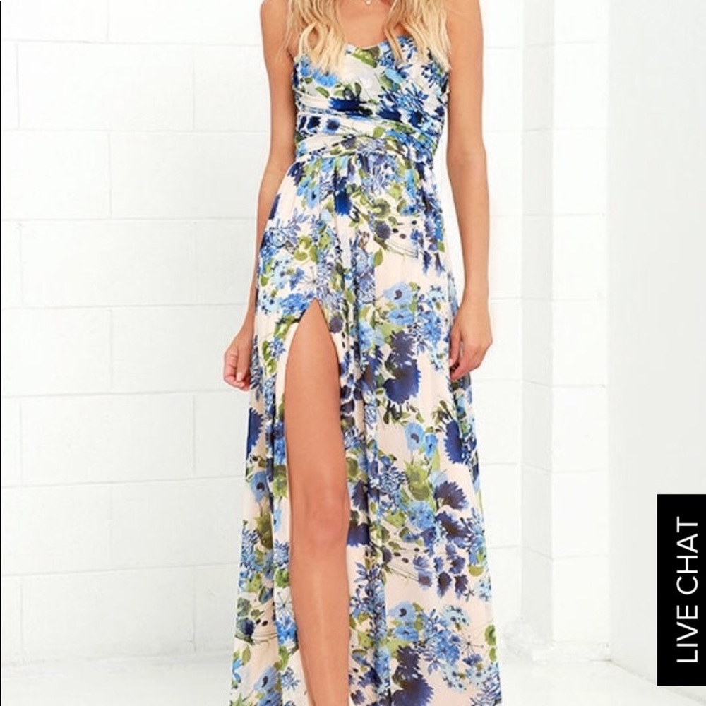 Blue and green floral long strapless wedding guest dress